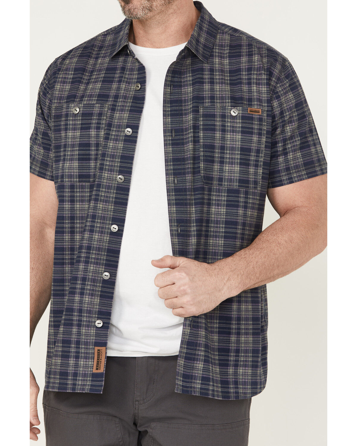 Image #3 - Lucky Brand Workwear Men's Plaid Print Short Sleeve Button-Down Work Shirt, Blue, hi-res