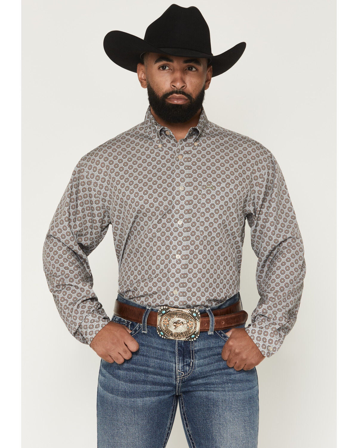 Image #1 - Cinch Men's ARENAFLEX&reg; Geo Print Long Sleeve Button-Down Stretch Western Shirt, Grey, hi-res