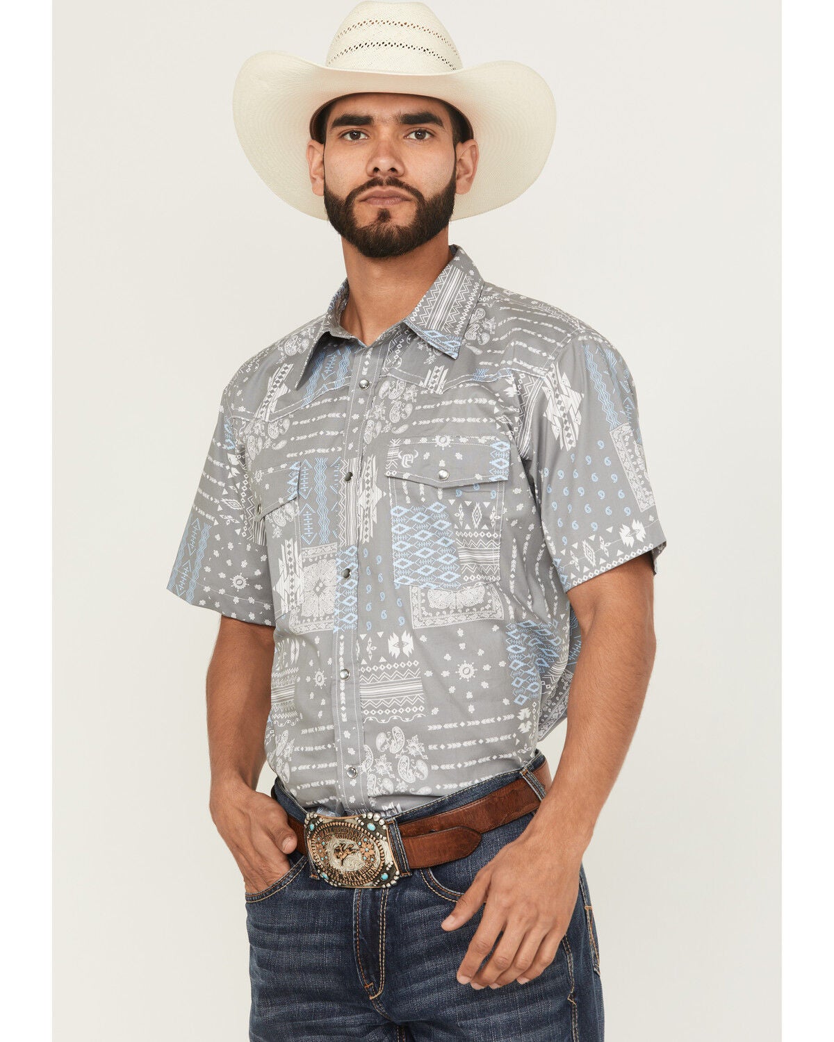 Cowboy Hardware Men's Southwestern Bandana Print Short Sleeve Snap Western Shirt, Grey, hi-res