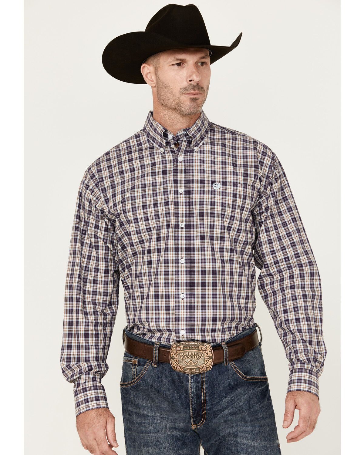Image #1 - Cinch Men's Plaid Print Long Sleeve Button-Down Western Shirt, Purple, hi-res
