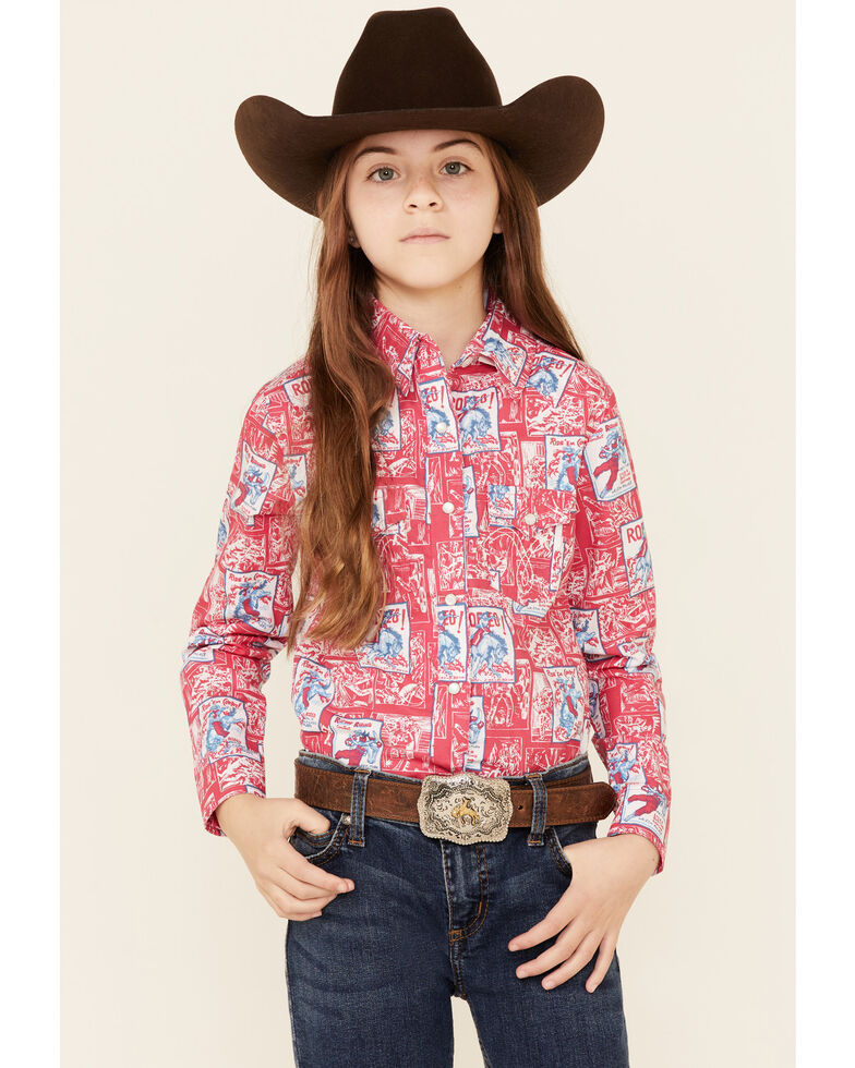 Panhandle Girls' Hot Pink Rodeo Poster Print Long Sleeve Snap Western Shirt , Hot Pink, hi-res