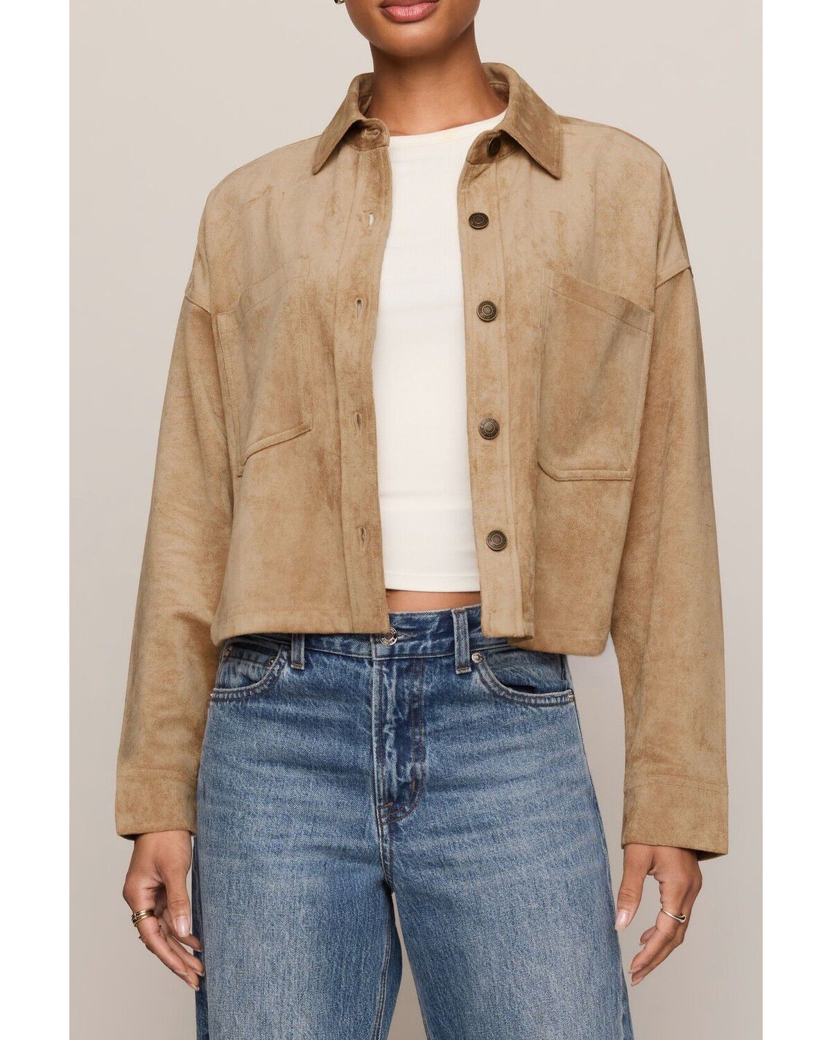 Image #1 - White Crow Women's Faux Suede Button-Down Cropped Shacket, Tan, hi-res