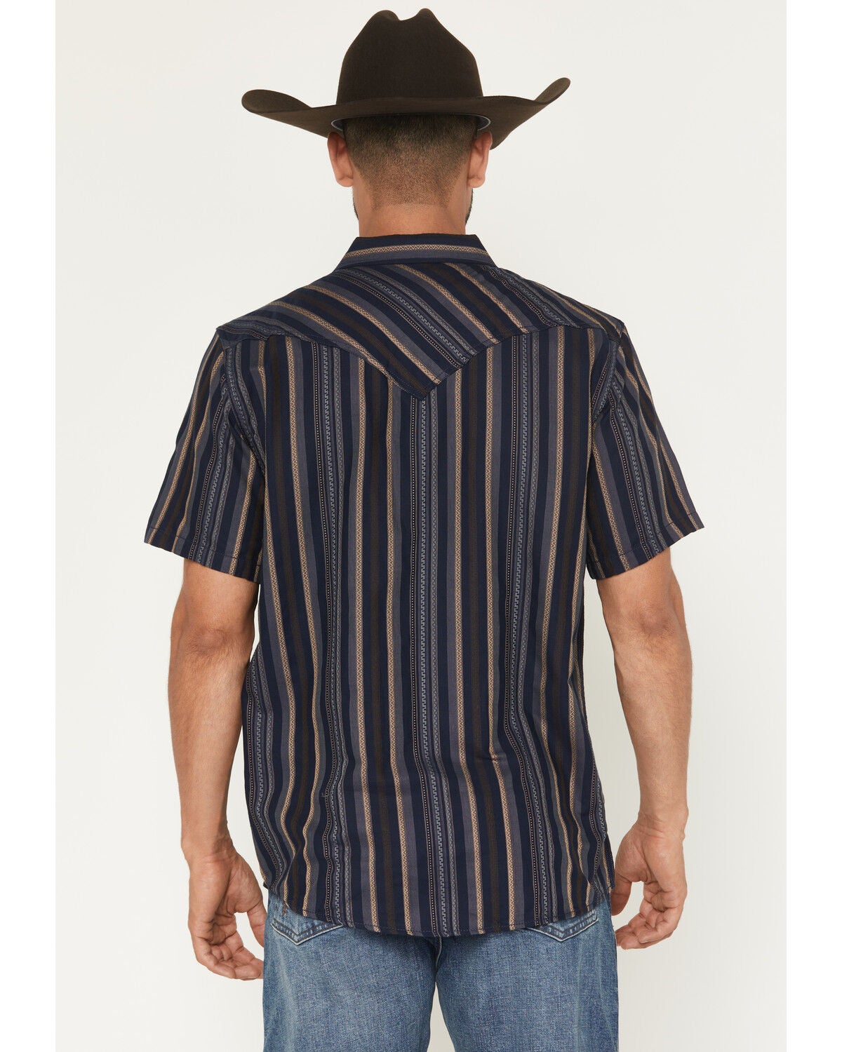 Image #4 - Cody James Men's Highland Rim Striped Print Short Sleeve Snap Western Shirt, Navy, hi-res