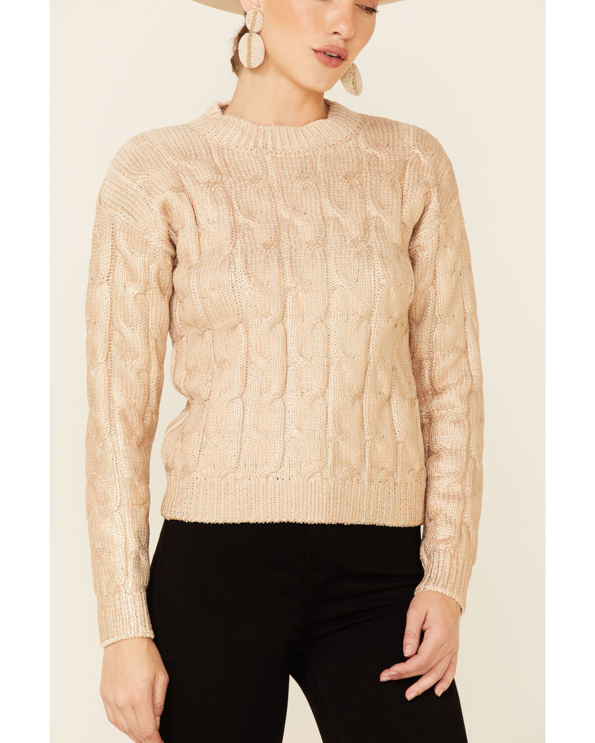 Image #3 - Rock & Roll Denim Women's Metallic Cable Knit Sweater, Gold, hi-res