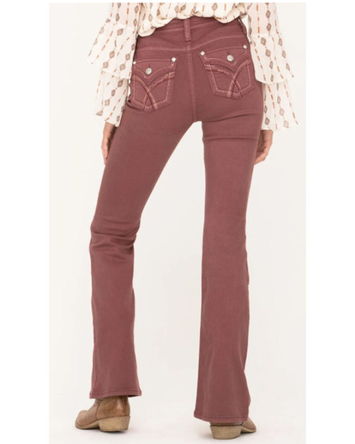 Image #2 - Miss Me Women's X-Shaped Flap Pocket High Rise Flare Jeans, Pink, hi-res