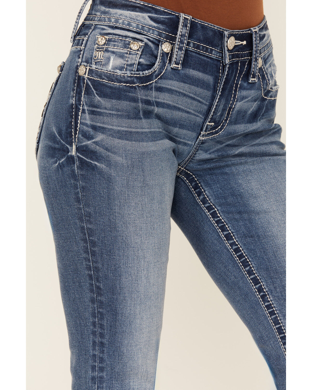 Image #4 - Miss Me Women's Medium Wash Mid Rise Fleur de Lis Pocket 32" Bootcut Stretch Denim Jeans, Medium Wash, hi-res