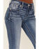 Image #4 - Miss Me Women's Medium Wash Mid Rise Fleur de Lis Pocket 32" Bootcut Stretch Denim Jeans, Medium Wash, hi-res