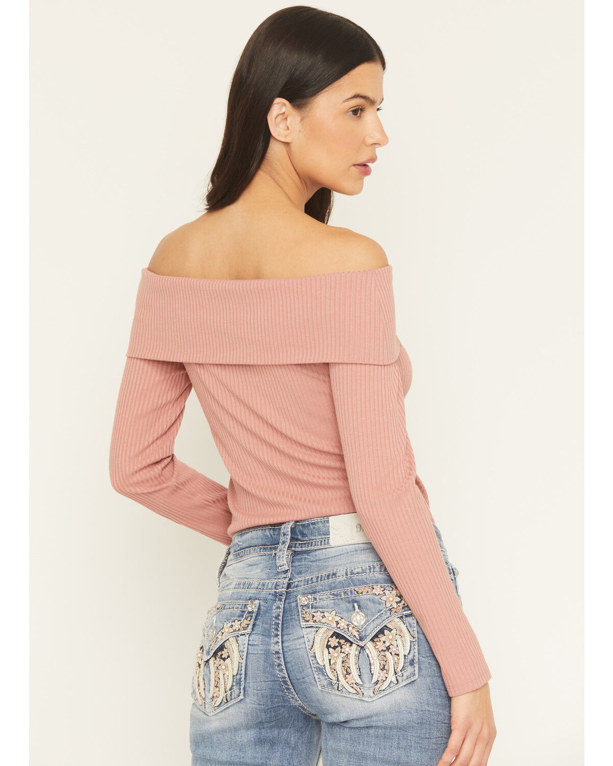 Image #4 - Shyanne Women's Rib Knit Off The Shoulder Long Sleeve Shirt, Mauve, hi-res