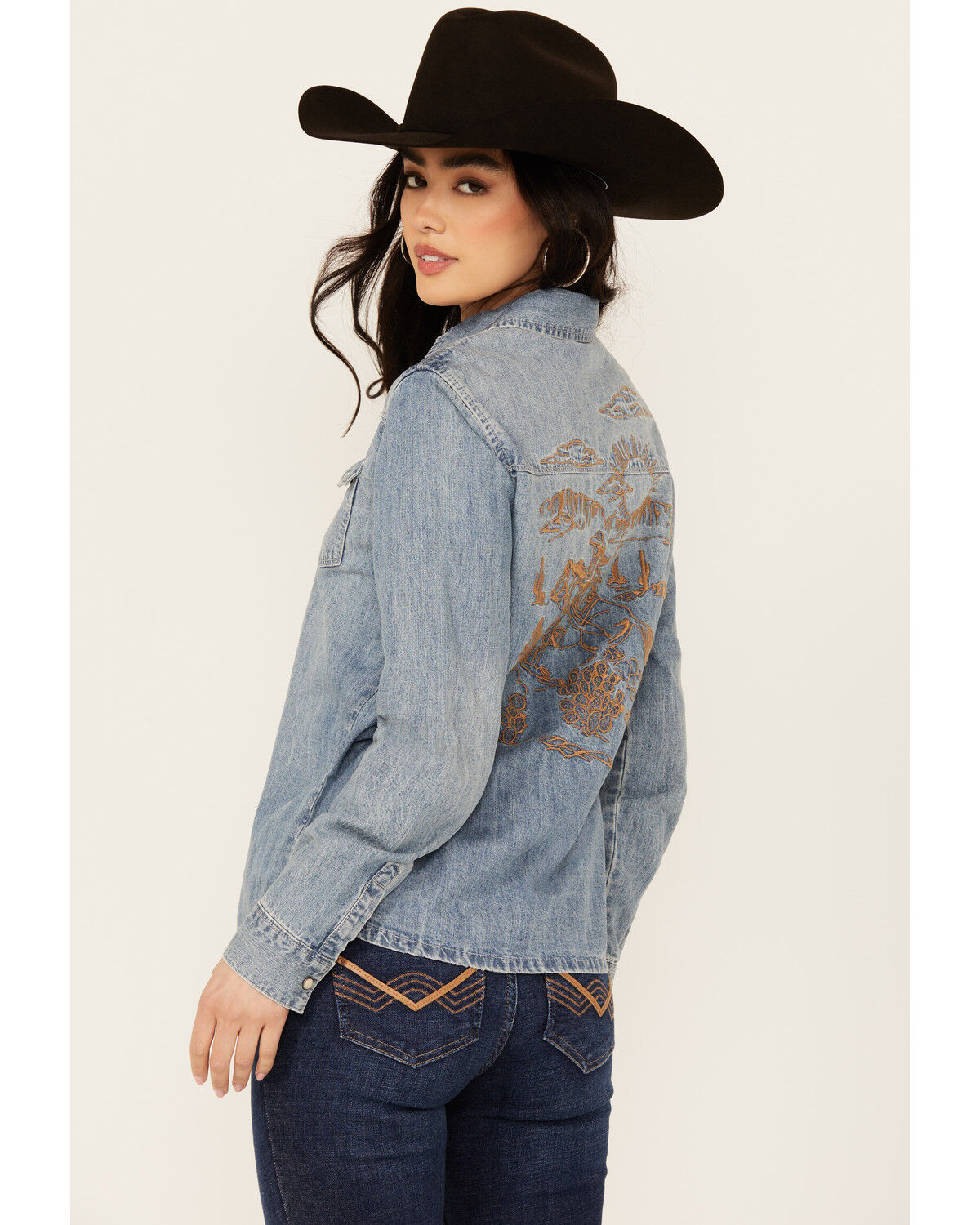 Image #4 - Stetson Women's Medium Wash Embroidered Cowboy Long Sleeve Pearl Snap Denim Shirt, Blue, hi-res