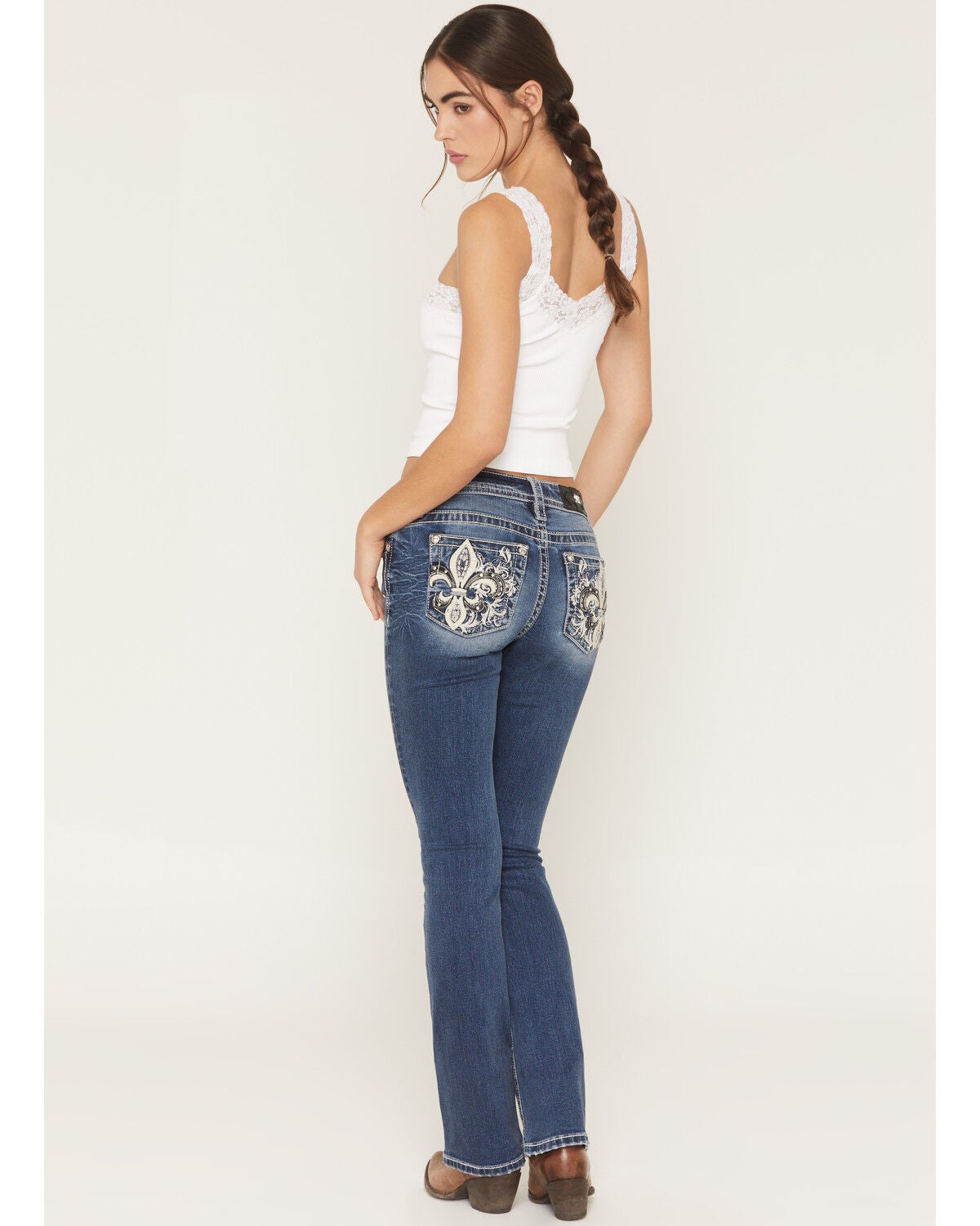 Image #1 - Miss Me Women's Medium Wash Mid Rise Fleur De Lis Pocket 32" Bootcut Stretch Denim Jeans, Medium Wash, hi-res