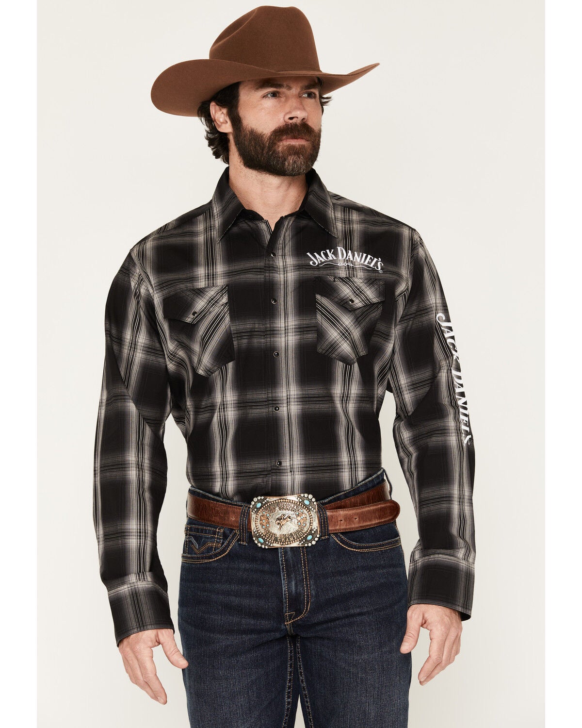 Image #1 - Jack Daniels Men's Plaid Print Long Sleeve Snap Western Shirt, Black, hi-res