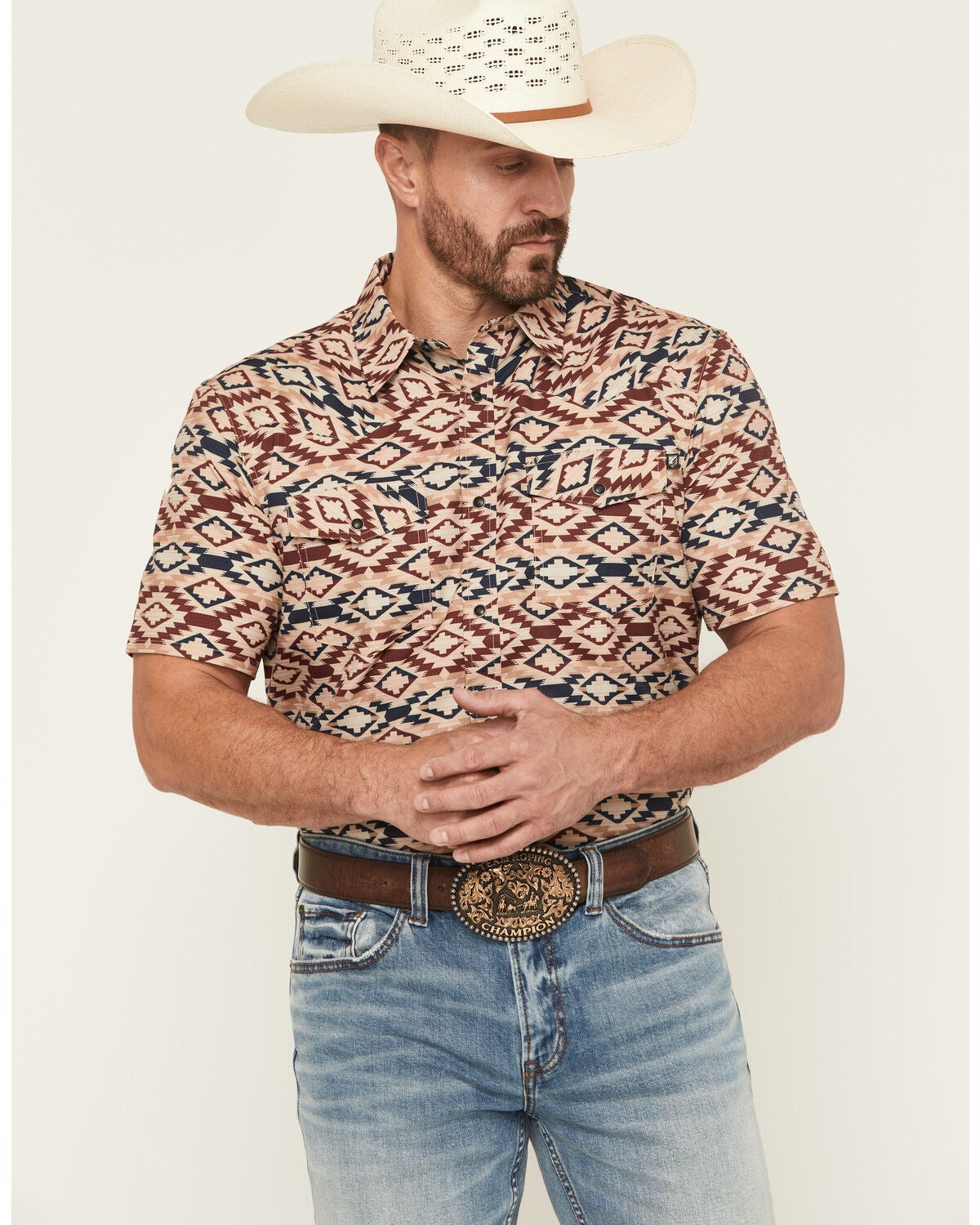 Image #1 - RANK 45&reg; Men's Willow Creek Southwestern Print Short Sleeve Snap Performance Western Shirt, Tan, hi-res