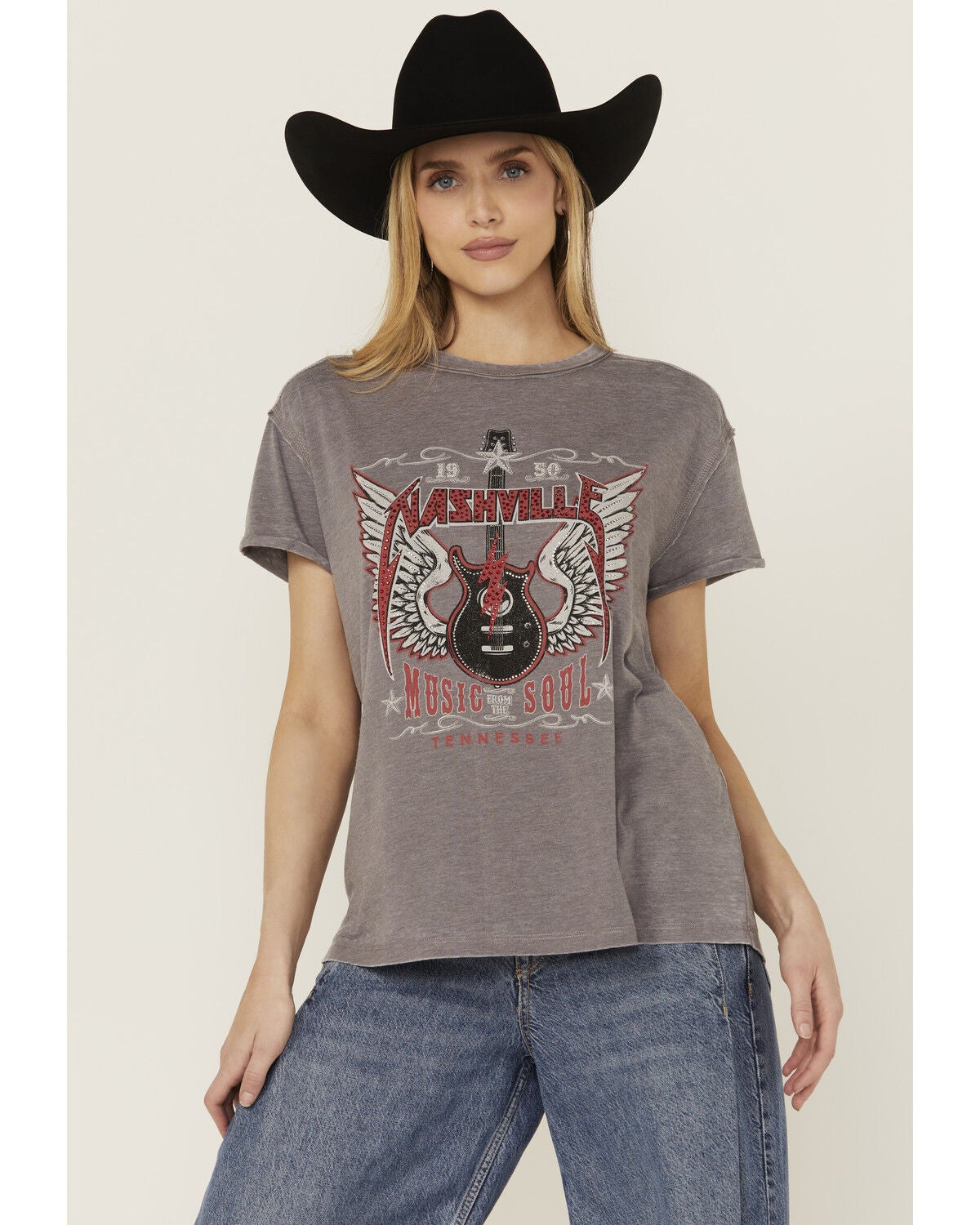 Blended Women's Nashville Embellished Short Sleeve Graphic Tee, Grey, hi-res