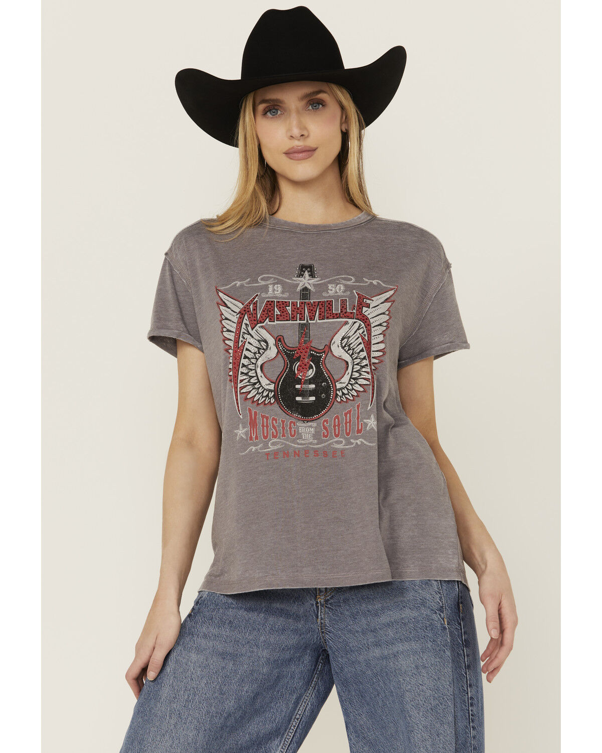 Image #1 - Blended Women's Nashville Embellished Short Sleeve Graphic Tee, Grey, hi-res