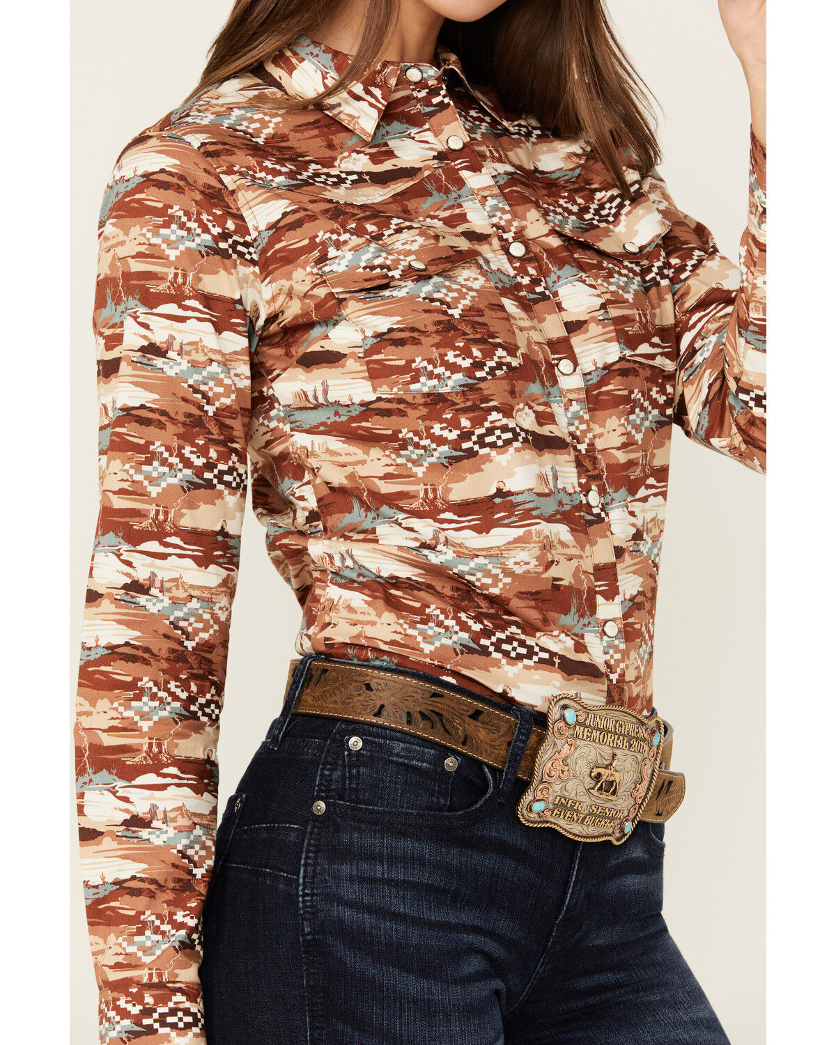 Image #3 - Shyanne Women's Cheyenne Desert Tossed Long Sleeve Snap Stretch Western Shirt, Lt Brown, hi-res