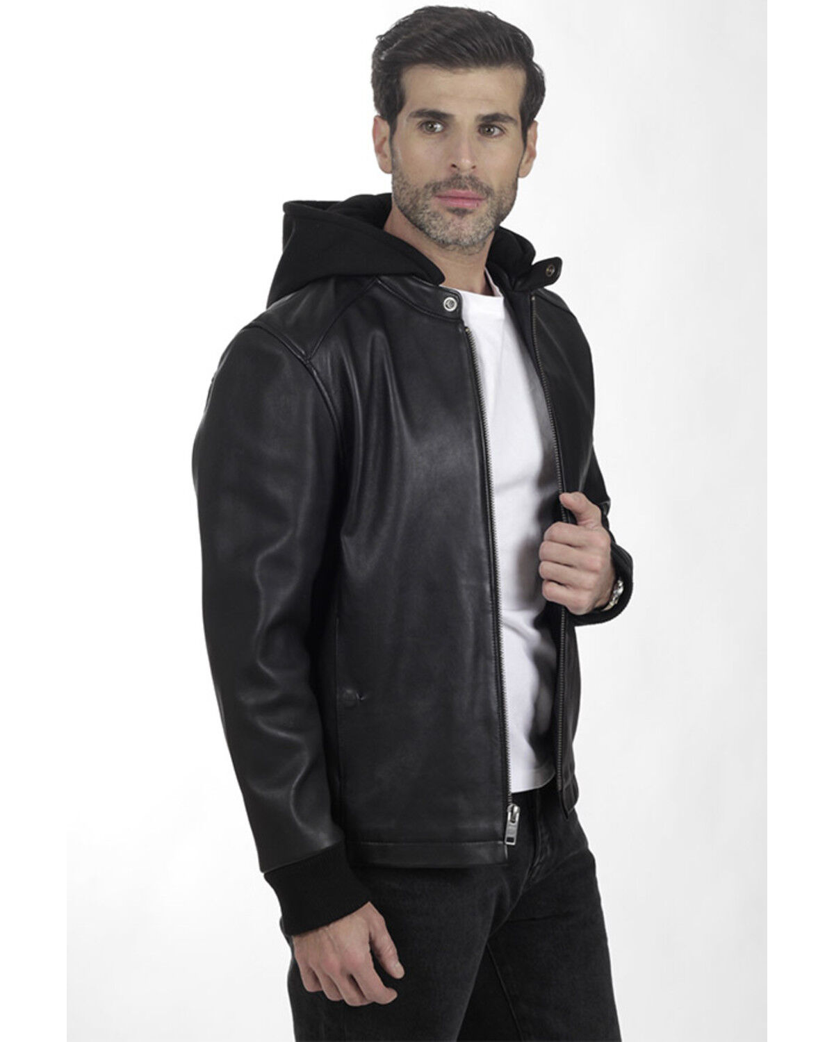 Image #2 - Frye Men's Racer Zip-Up Hooded Leather Jacket, Black, hi-res