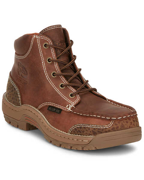 Image #1 - Justin Men's 5" Corbett Lace-Up Moc Waterproof Work Boots - Alloy Toe , Brown, hi-res
