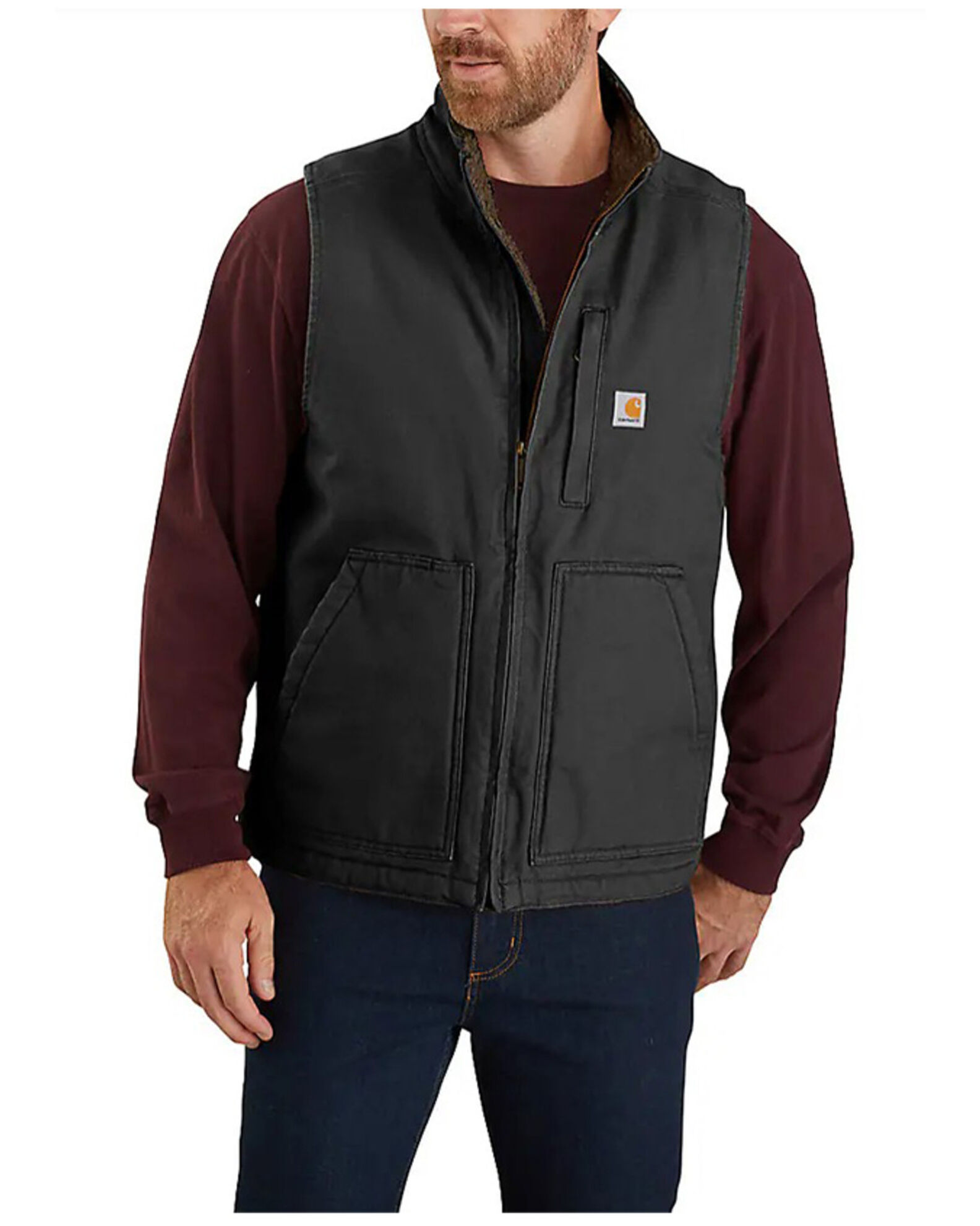 Image #1 - Carhartt Men's Washed Duck Sherpa Lined Mock Neck Loose Fit Work Vest, Black, hi-res