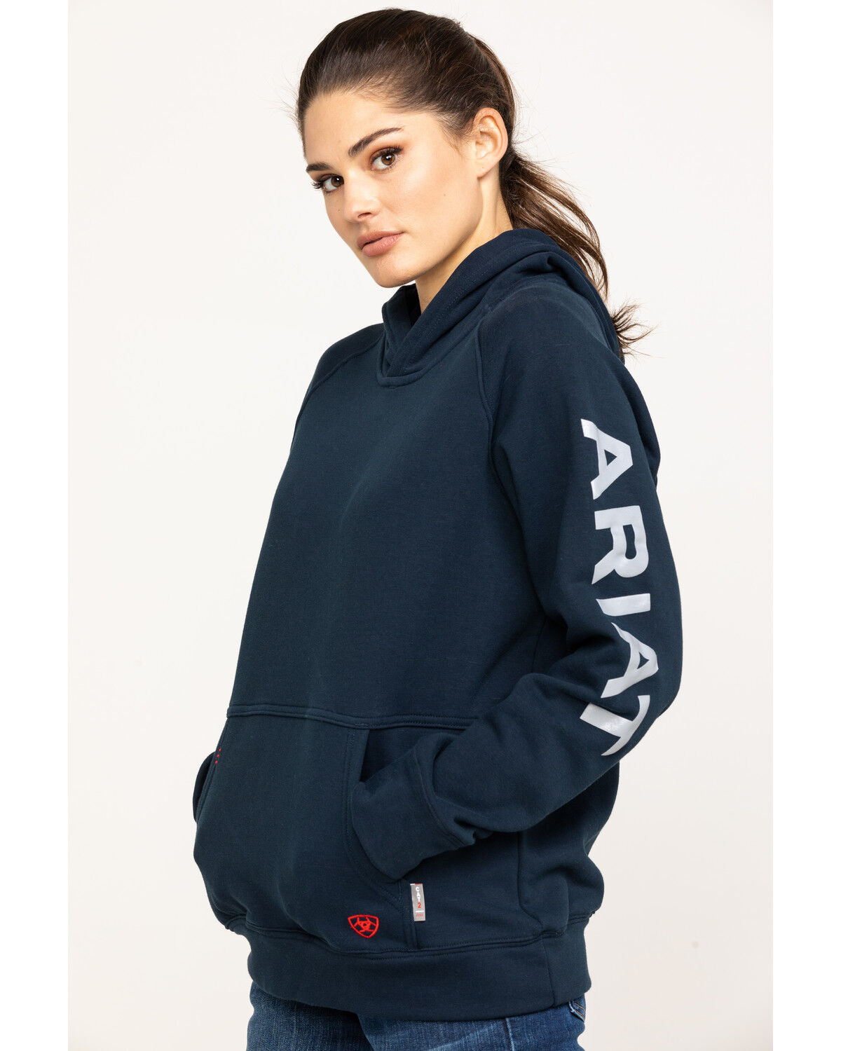 Image #3 - Ariat Women's FR Primo Fleece Logo Hooded Sweatshirt, Navy, hi-res