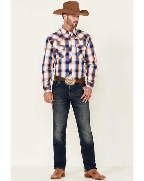 Image #2 - Cowboy Hardware Men's Large Plaid Print Long Sleeve Pearl Snap Western Shirt , Navy, hi-res