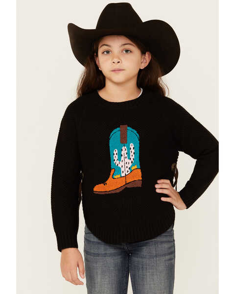 Image #1 - Cotton & Rye Girls' Boot Applique Round Bottom Sweater , Black, hi-res