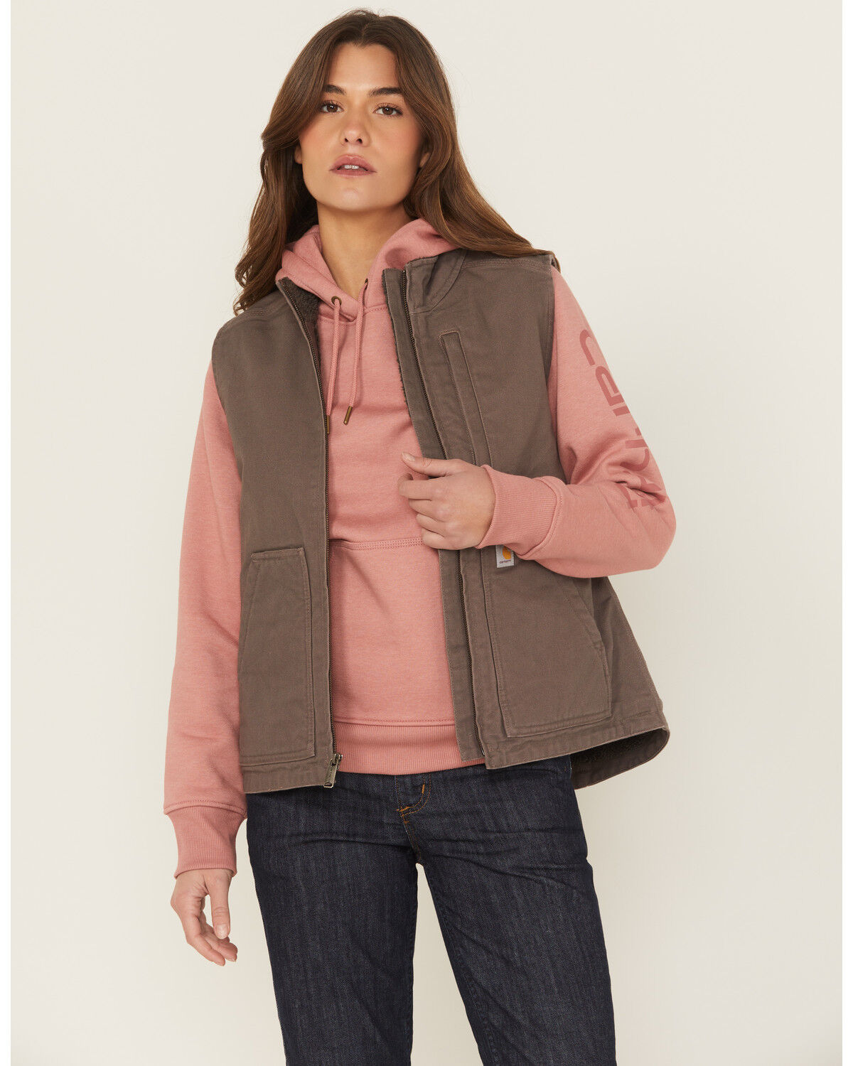 Carhartt Women's Taupe Washed Duck Sherpa Lined Vest | Sheplers Carhartt Women's Taupe Washed Duck Sherpa Lined Vest | Sheplers
