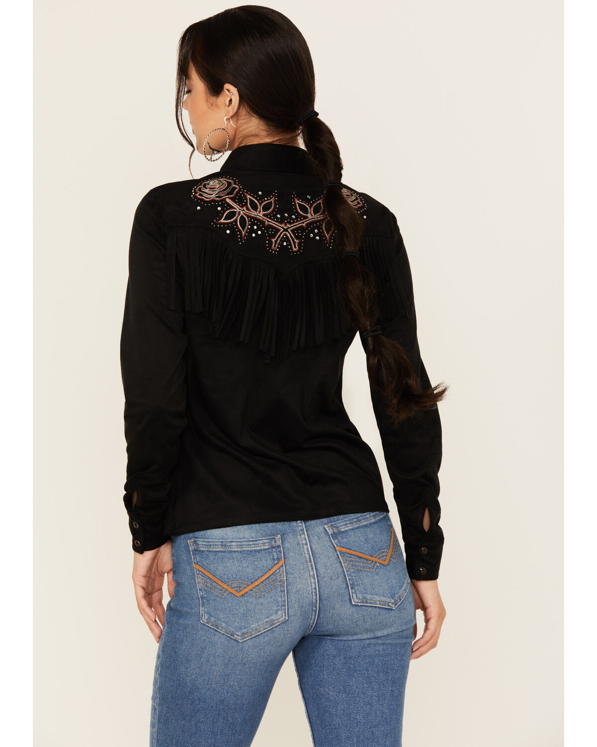 Image #5 - Idyllwind Women's Embroidered Faux Suede Long Sleeve Snap Western Shirt, Black, hi-res