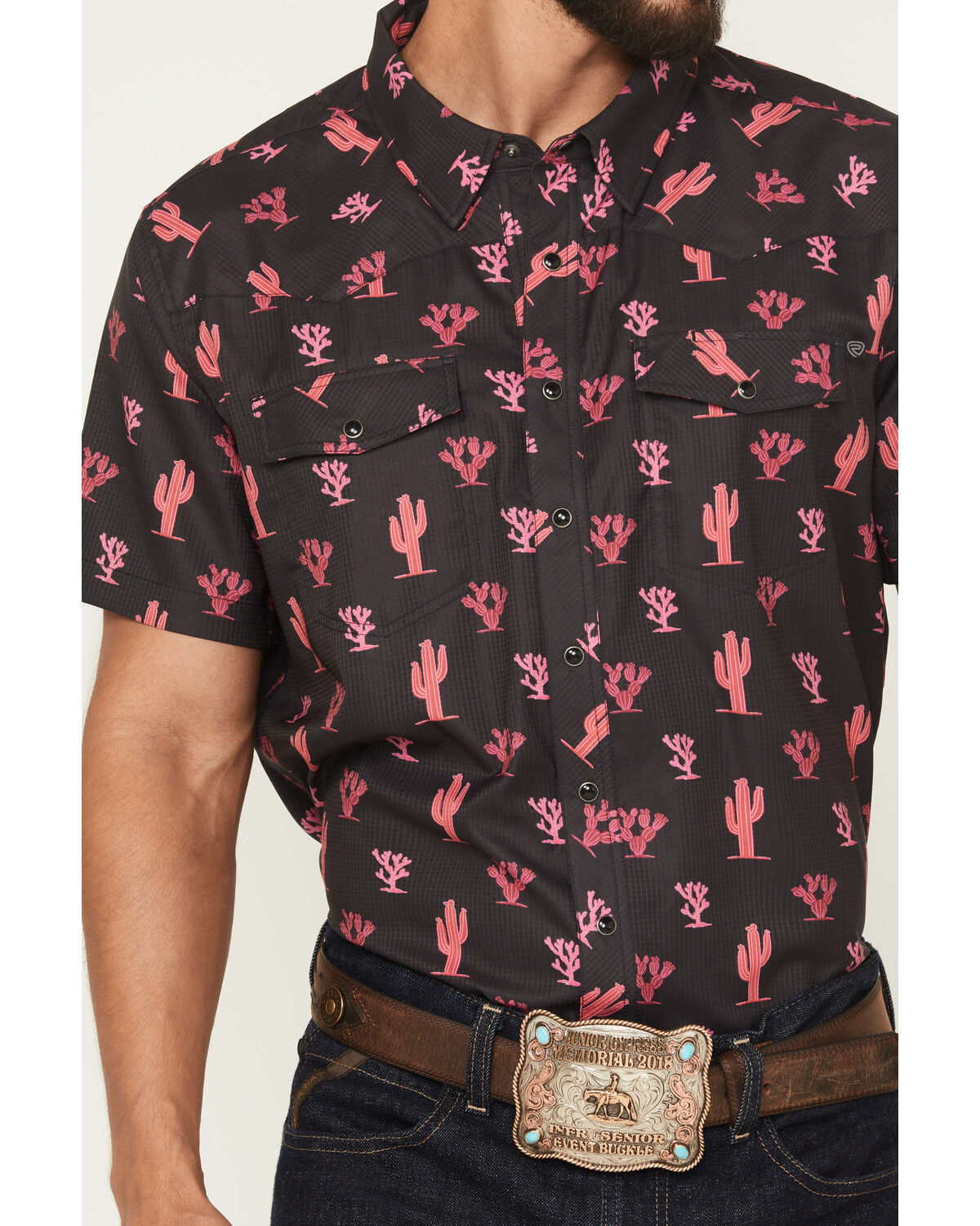 Image #3 - Rock & Roll Denim Men's Boot Barn Exclusive Tek Cactus Short Sleeve Snap Stretch Western Shirt, Black, hi-res