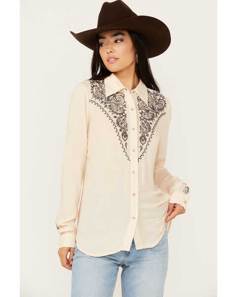 Roper Women's Embroidered Long Sleeve Pearl Snap Western Shirt , Cream, hi-res