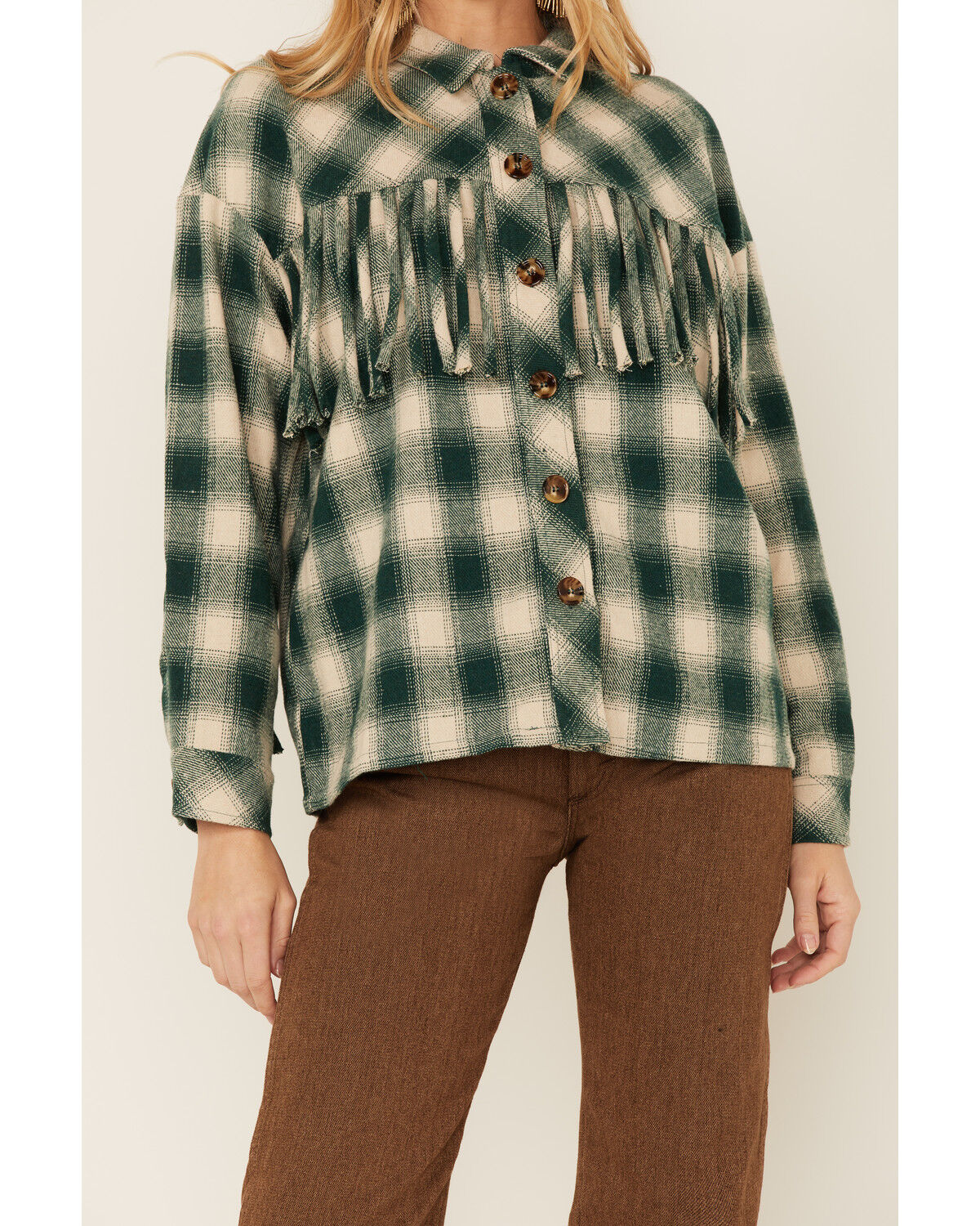 Image #2 - Entro Women's Green Plaid Fringe Yoke Shacket, Green, hi-res