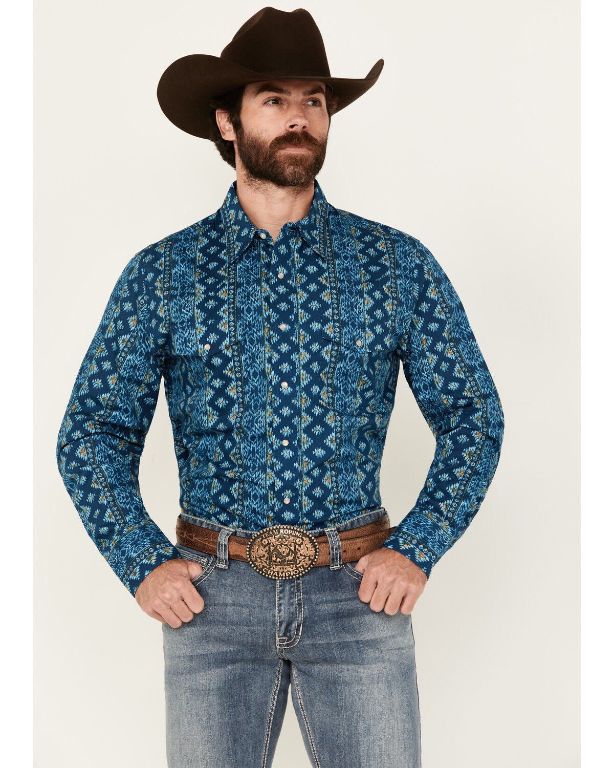 Wrangler Men's Checotah Southwestern Striped Long Sleeve Pearl Snap Western Shirt - Big, Blue, hi-res
