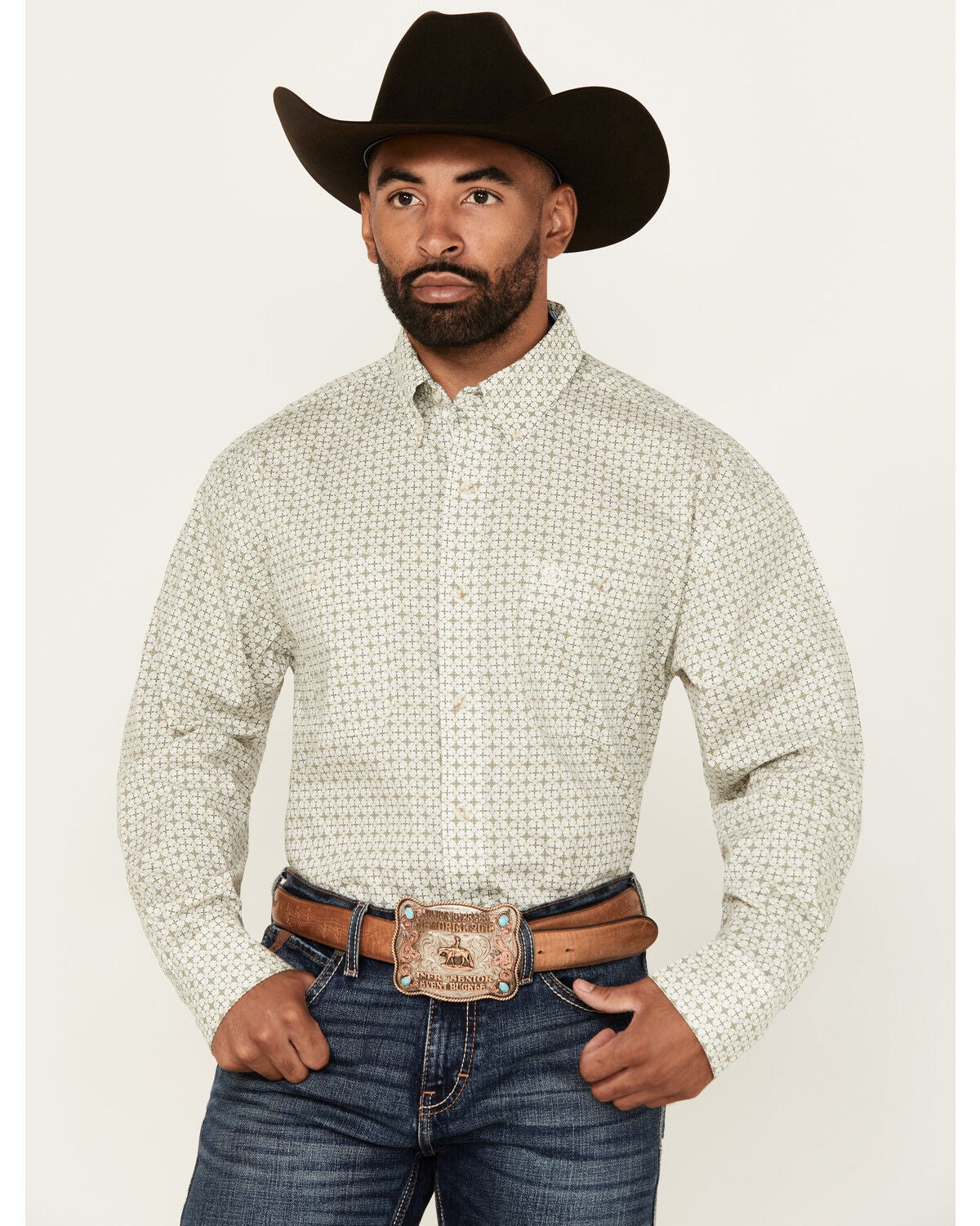 George Strait by Wrangler Men's Medallion Print Long Sleeve Button-Down Western Shirt - Big, White, hi-res