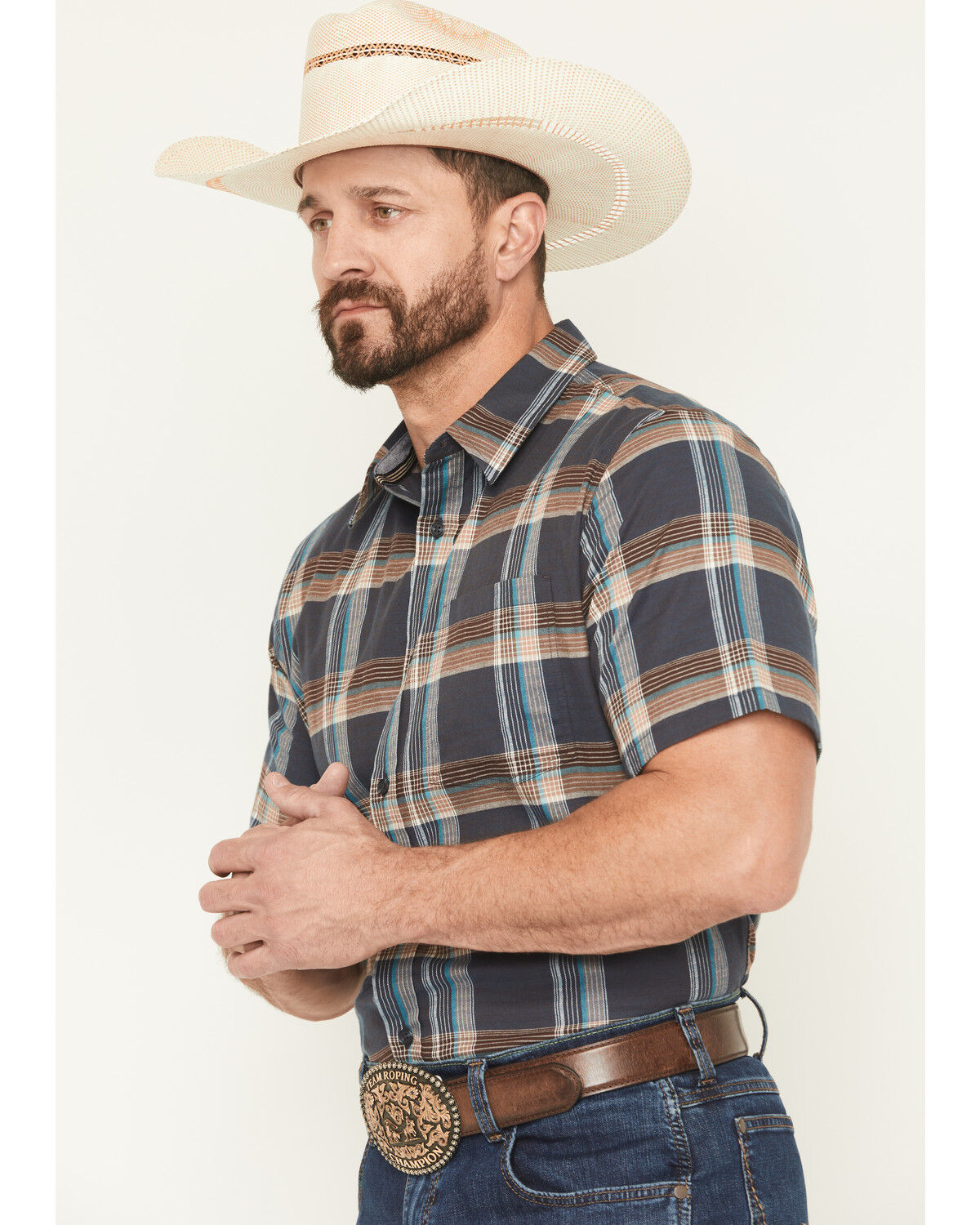 Image #2 - Cody James Men's High Plains Ranch Plaid Print Short Sleeve Button-Down Stretch Western Shirt, Navy, hi-res
