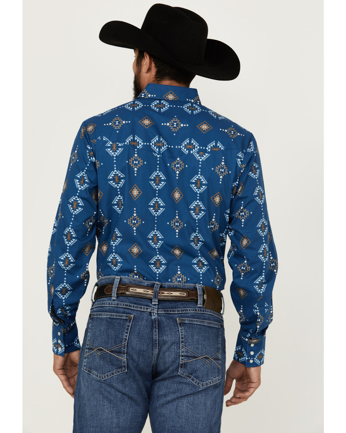 Image #4 - Ely Walker Men's Southwestern Print Long sleeve Pearl Snap Western Shirt, Indigo, hi-res