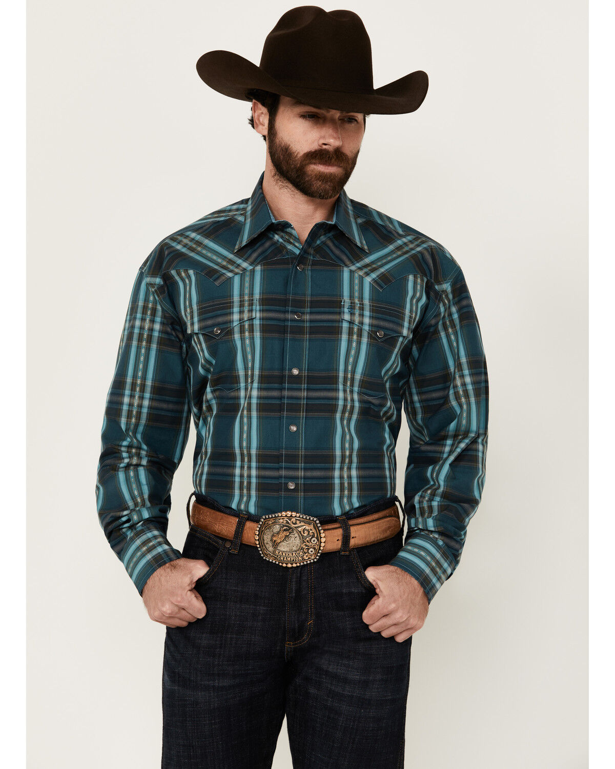 Image #1 - Stetson Men's Plaid Print Long Sleeve Pearl Snap Western Shirt, Blue, hi-res