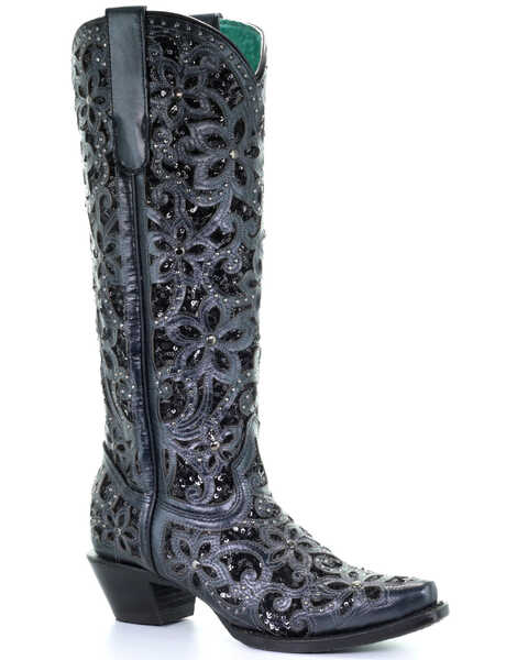 Image #1 - Corral Women's Floral Inlay Western Boots - Snip Toe, Black, hi-res
