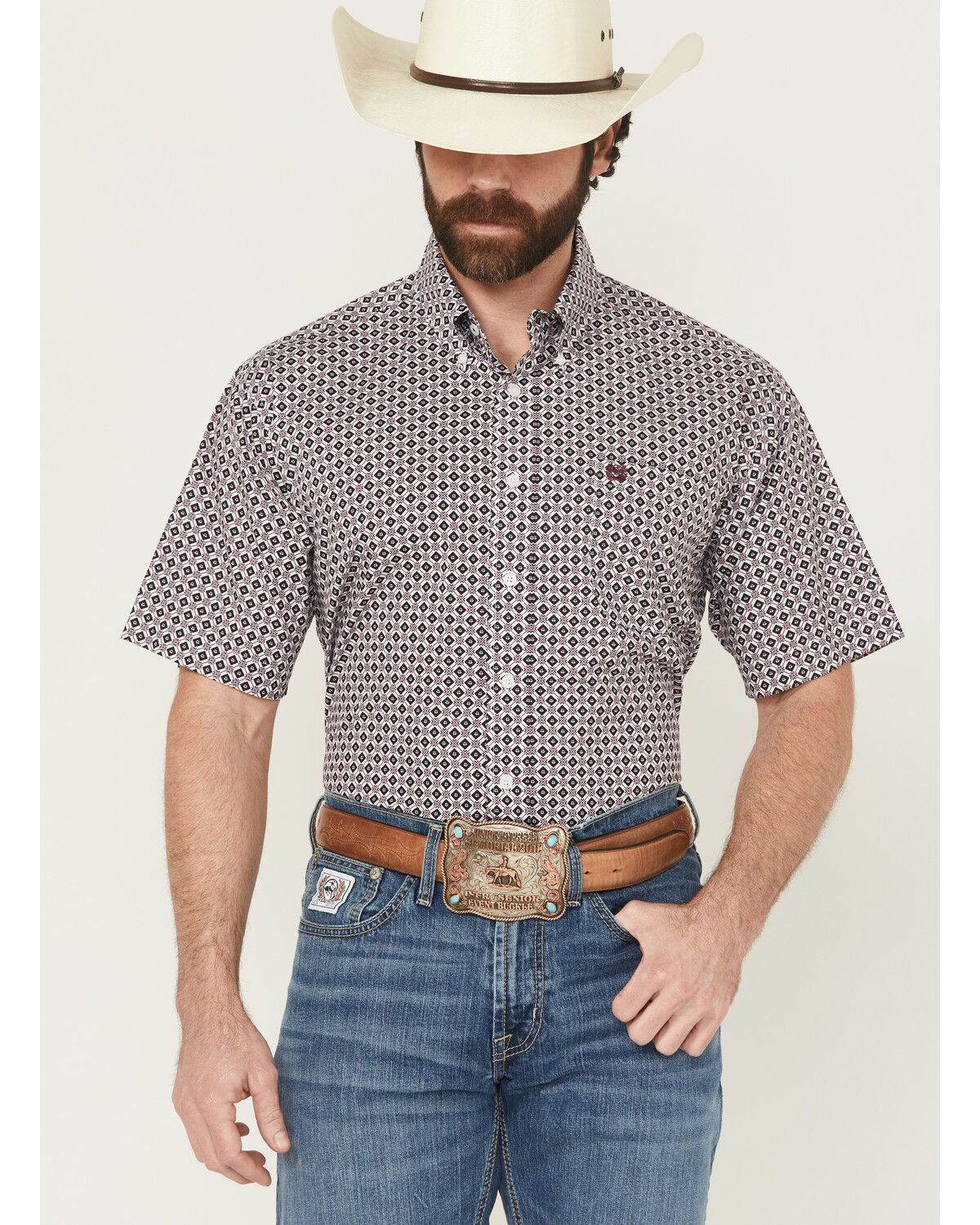 Image #1 - Cinch Men's Geo Print Short Sleeve Button-Down Western Shirt, White, hi-res
