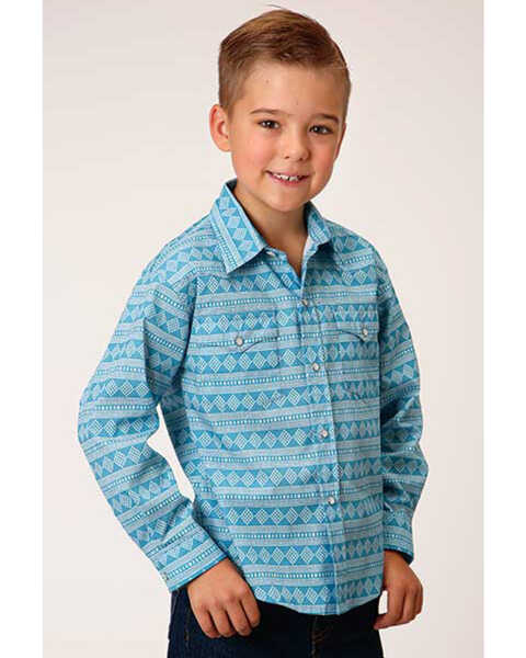 Image #1 - Roper Boys' Southwestern Print Long Sleeve Snap Western Shirt, Turquoise, hi-res