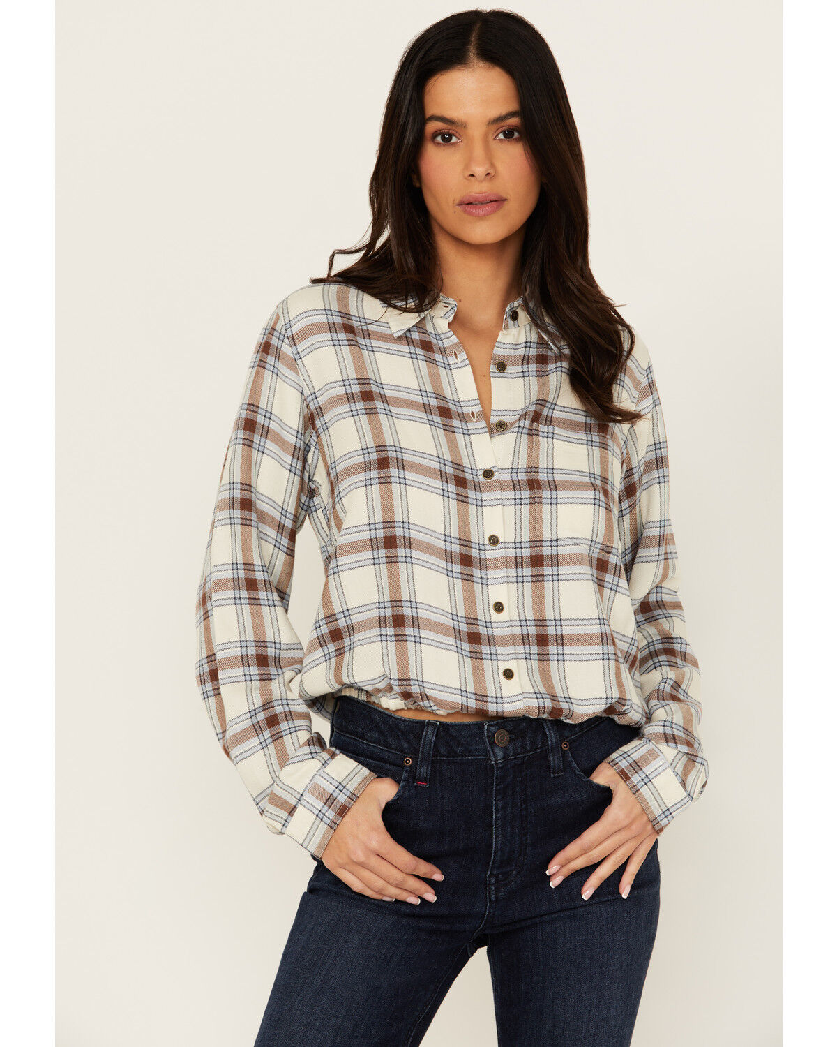 Image #1 - Cleo + Wolf Women's Amy Plaid Print Button-Up Cropped Long Sleeve Flannel Shirt, Cream, hi-res