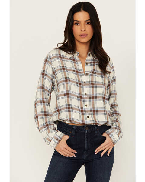 Image #1 - Cleo + Wolf Women's Amy Plaid Print Button-Up Cropped Long Sleeve Flannel Shirt , Cream, hi-res