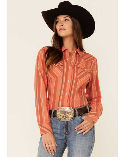 Wrangler Women's Clay Stripe Long Sleeve Snap Western Core Shirt , Chilli, hi-res