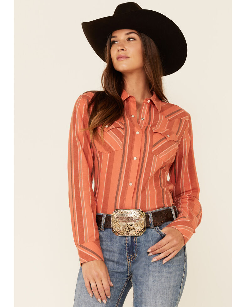Wrangler Women's Clay Stripe Long Sleeve Snap Western Core Shirt , Chilli, hi-res