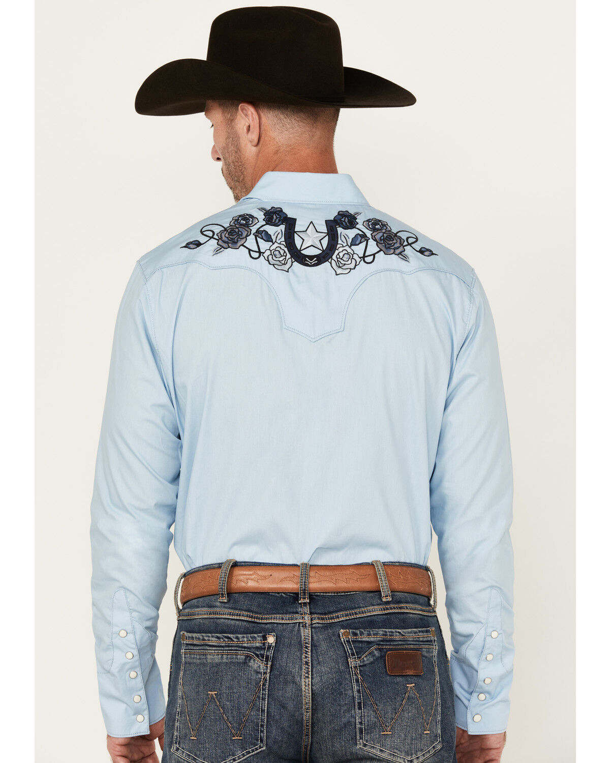 Image #4 - Wrangler Men's Floral Embroidered Long Sleeve Snap Western Shirt, Light Blue, hi-res