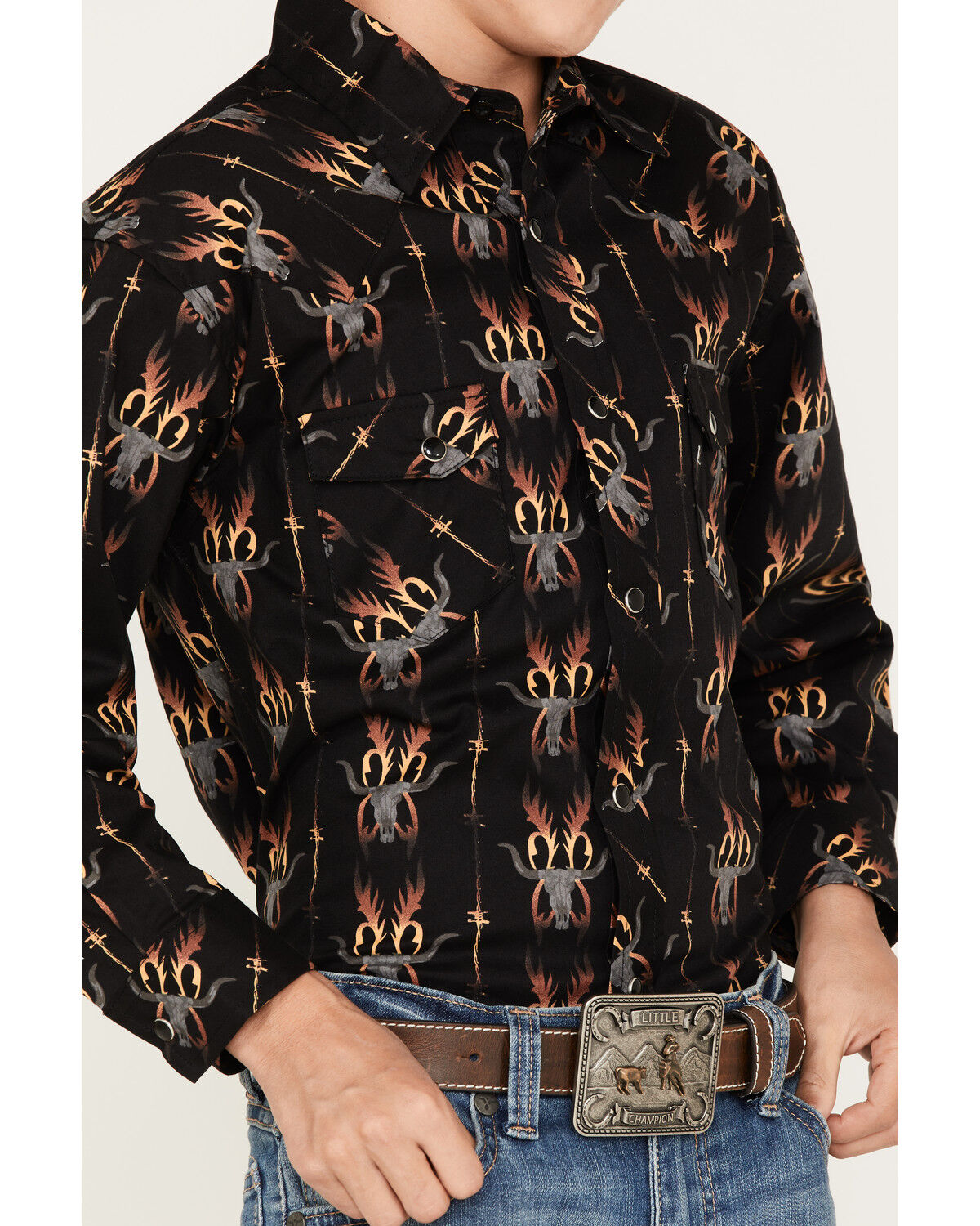 Image #3 - Rock & Roll Denim Boys' Dale Brisby Flame Steer Head Long Sleeve Snap Western Shirt, Black, hi-res