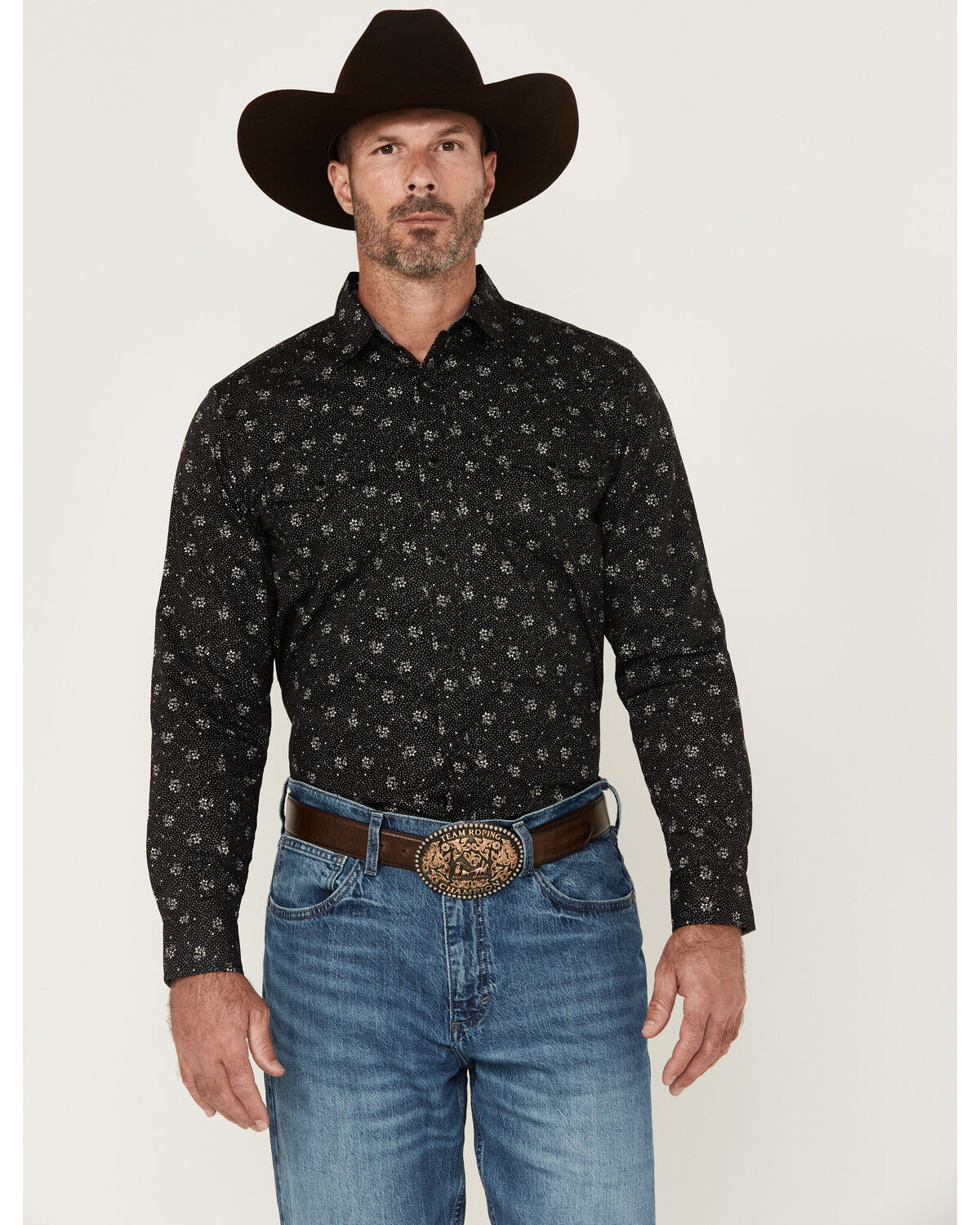 Image #1 - Cody James Men's Saddle Peak Floral Print Long Sleeve Snap Western Shirt, Black, hi-res