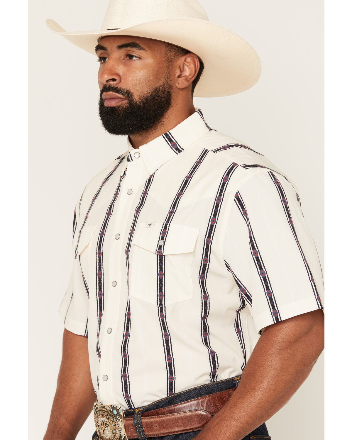 Image #2 - Ferrell Men's Tek Outlaw Southwestern Striped Print Short Sleeve Snap Performance Western Shirt, White, hi-res