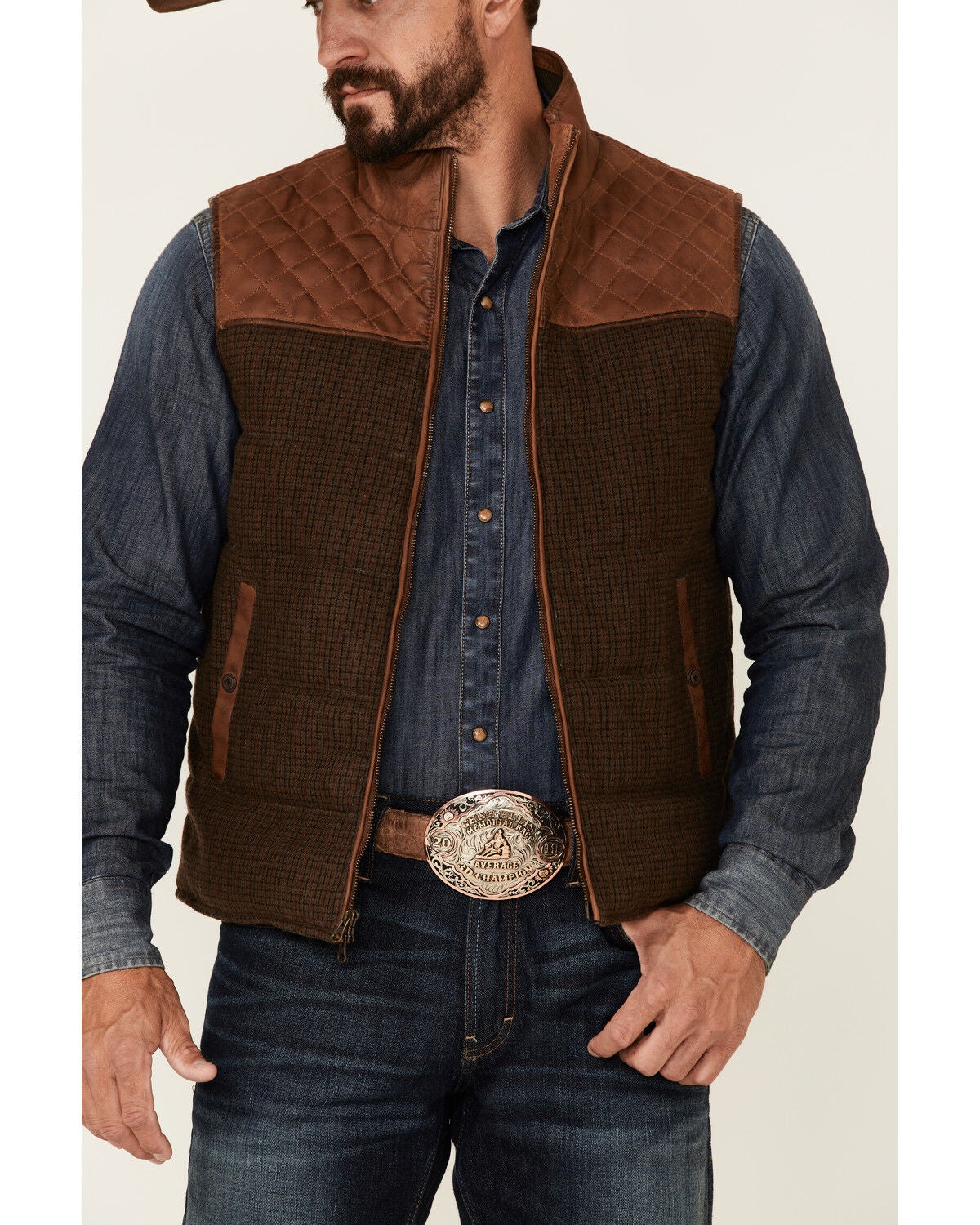 Image #3 - Scully Men's Vintage Brown Trimmed Leather Zip-Front Vest, Brown, hi-res