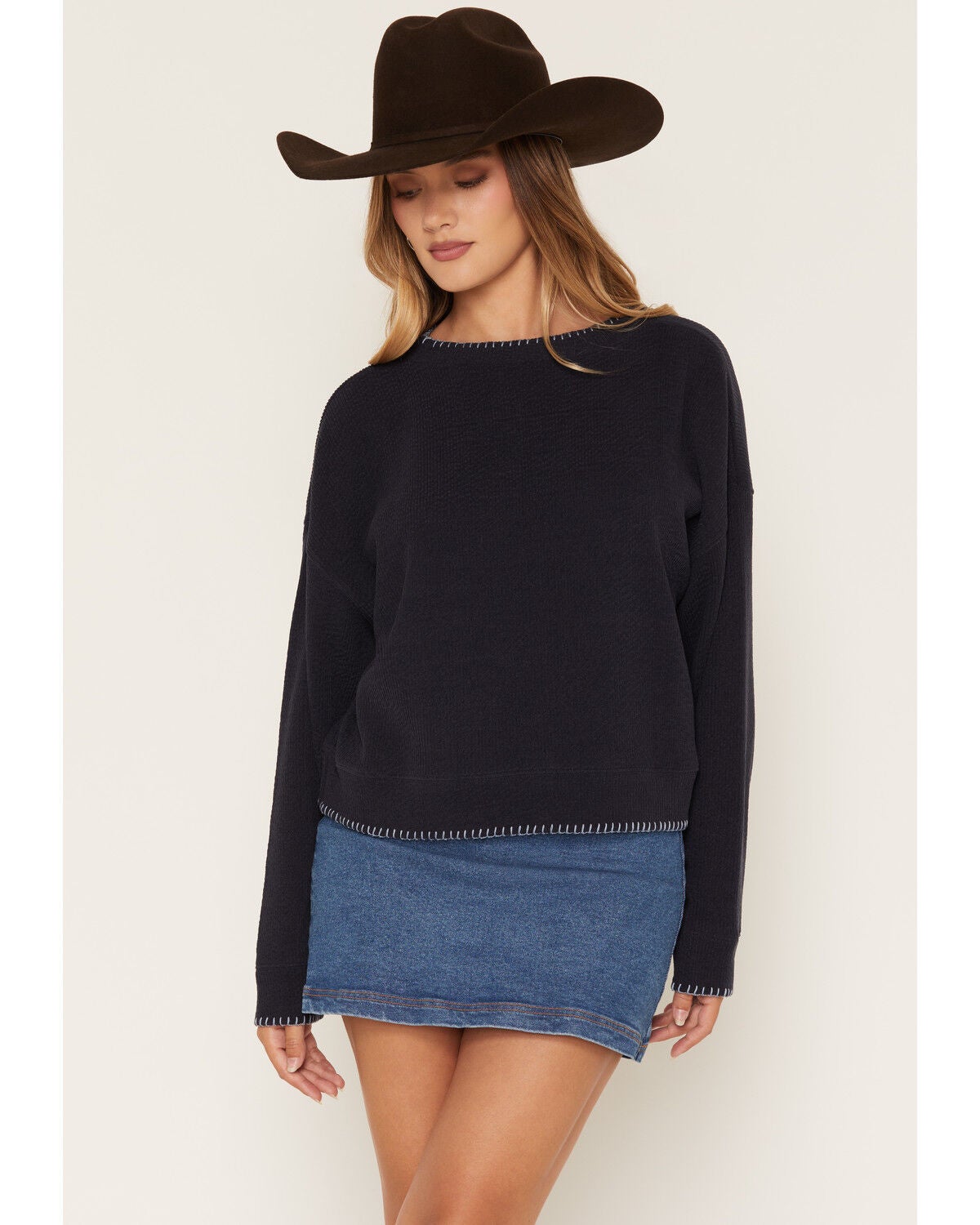 Cleo + Wolf Women's Whip Stitch Crew Neck Sweater, Navy, hi-res
