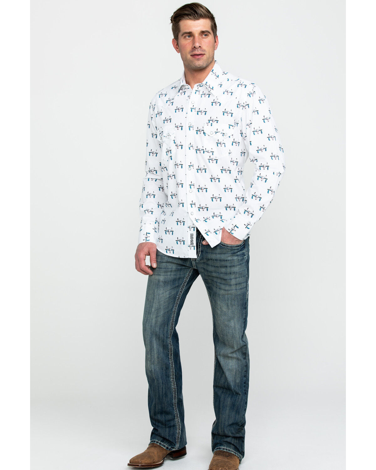 Image #6 - Rock & Roll Denim Men's Bull Skull Print Long Sleeve Western Shirt, Charcoal, hi-res