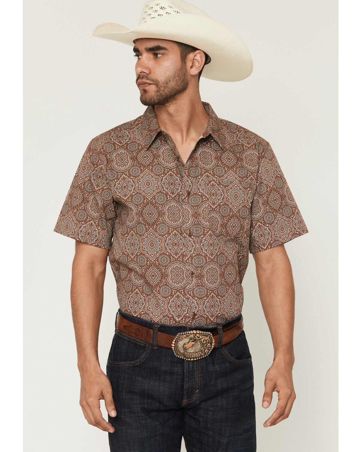 Image #1 - Gibson Trading Co Men's Sundown Drapes Medallion Print Short Sleeve Button-Down Western Shirt - Big, Rust Copper, hi-res